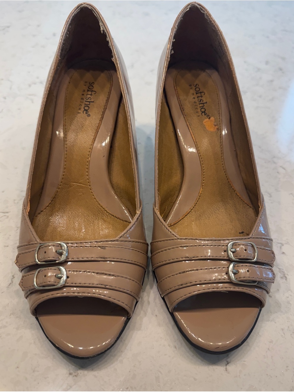 Nude Patent Peep-Toe Heels with Decorative Buckles